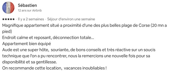 Avis Airbnb de Sébastien sur Sea Loft Piantarella